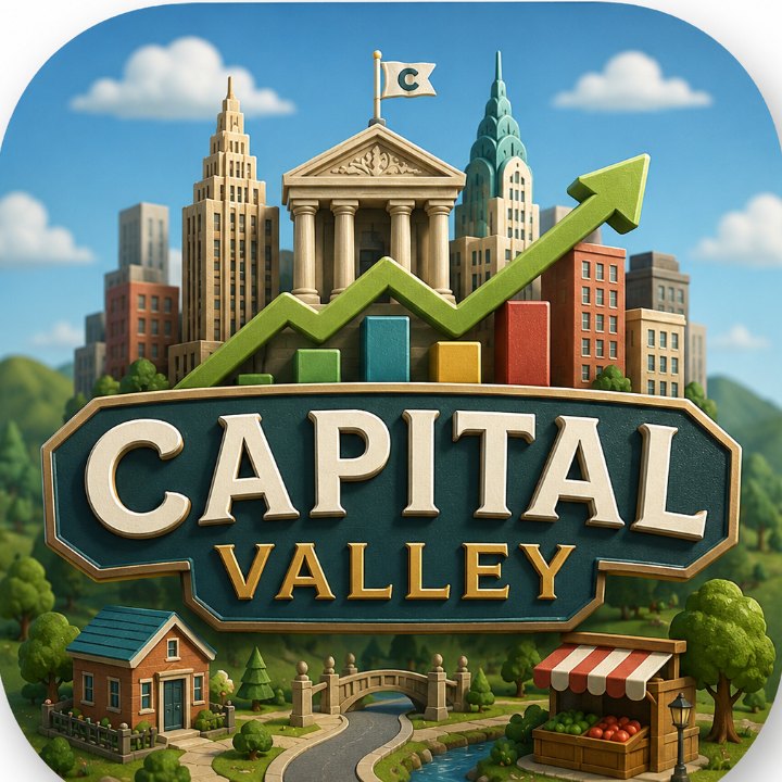 Das Logo von Capital Valley: ein Schild in Papierschnitt-Optik vor einer Stadtkulisse, eine Bank mit Säulen und ein Pfeil, der nach oben zeigt.
