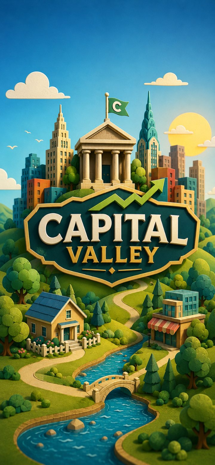 La schermata iniziale di Capital Valley: una valle di carta ritagliata, con le colline, il fiume, una casa, una bottega e, in cima, una città di palazzi di carta.