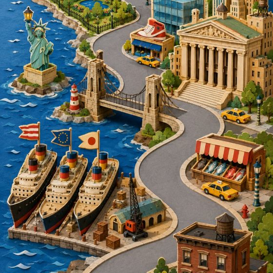 New York: la statua della Libertà, un ponte sospeso, dei transatlantici e una banca a colonne, in carta ritagliata.