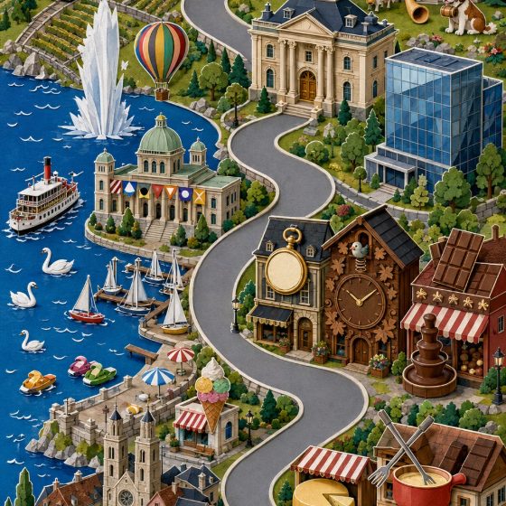 Ginevra: il getto d'acqua, il lago, un orologio a cucù e una banca, in carta ritagliata.