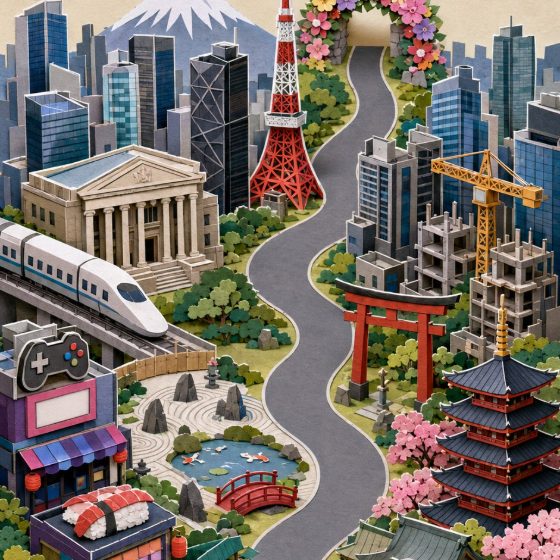Tokyo: la torre rossa, un treno ad alta velocità, un torii e una pagoda, in carta ritagliata.
