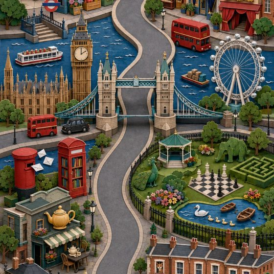 Londra: il Big Ben, il Tower Bridge, un autobus rosso e la grande ruota panoramica, in carta ritagliata.